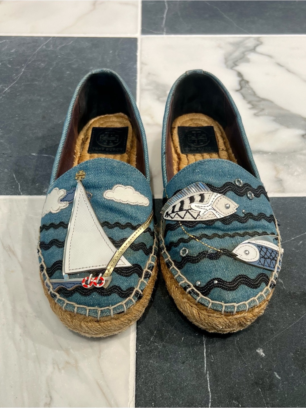 Tory Burch Blue Denim Nautical Espadrilles with Sailboat & Fish Appliqué